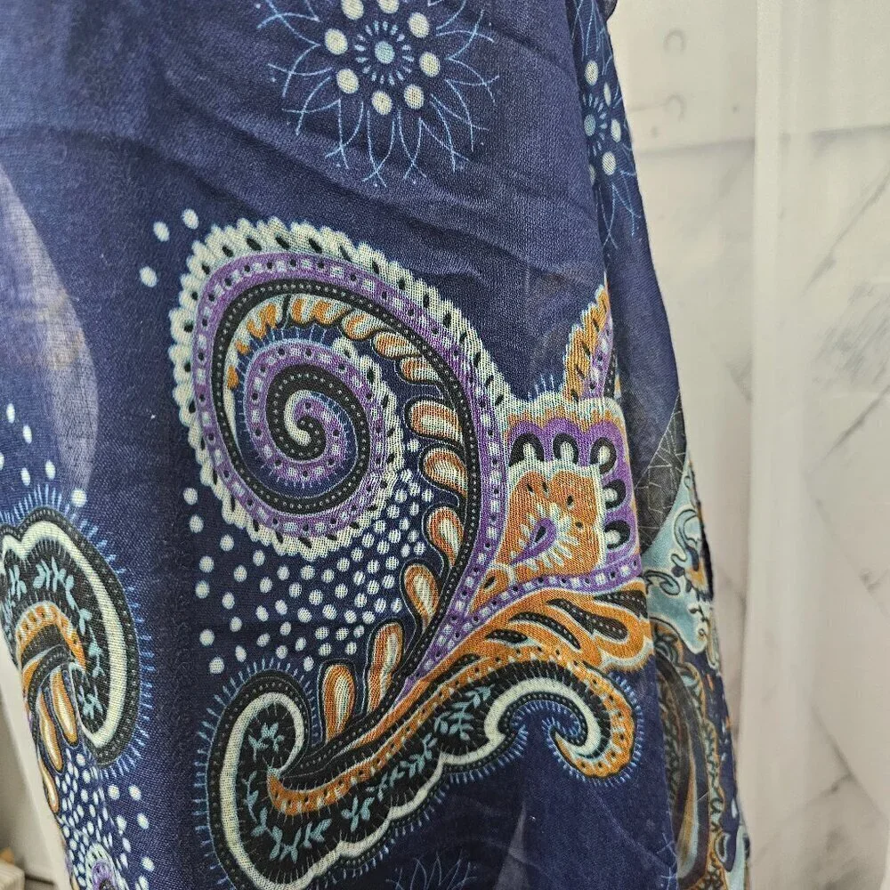 Unbranded Blue Orange Paisley Semi-Sheer Fringed Boho Scarf Shawl